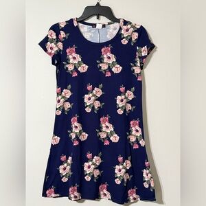 Floral Cottagecore Myth Navy Pink Cotton Jersey T-Shirt Dress Size M Medium